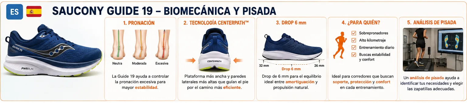Biomecánica Saucony Guide 19: pronación, CenterPath, drop de 6 mm y análisis de pisada