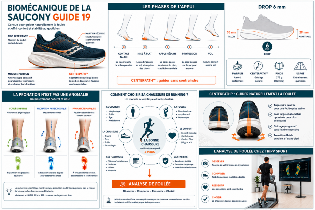 Biomécanique de la Saucony Guide 19 : pronation, CenterPath, PWRRUN et drop 6 mm