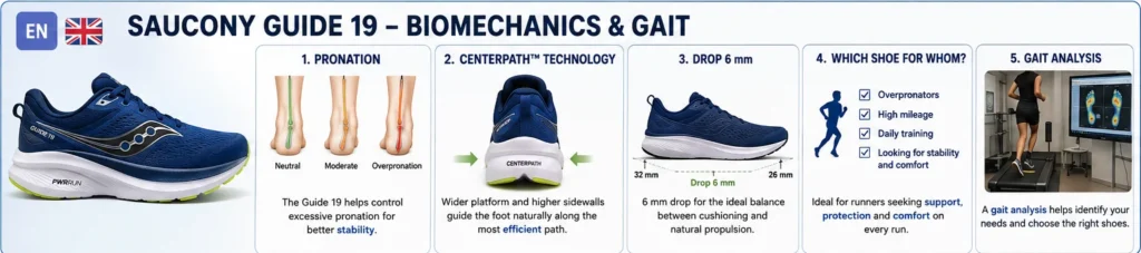 Saucony Guide 19 biomechanics: pronation, CenterPath, 6 mm drop and gait analysis