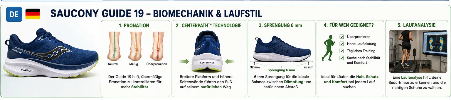 Saucony Guide 19 Biomechanik: Pronation, CenterPath, 6 mm Sprengung und Laufanalyse