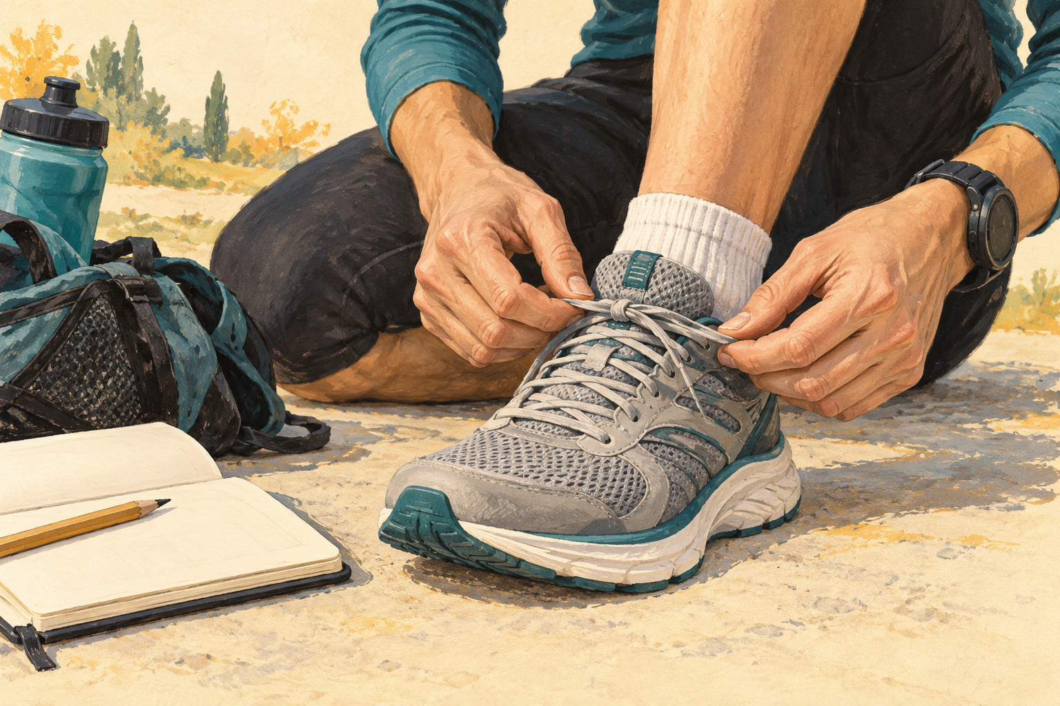 Réglage des lacets d’une chaussure de running avec un carnet pour noter les sensations.