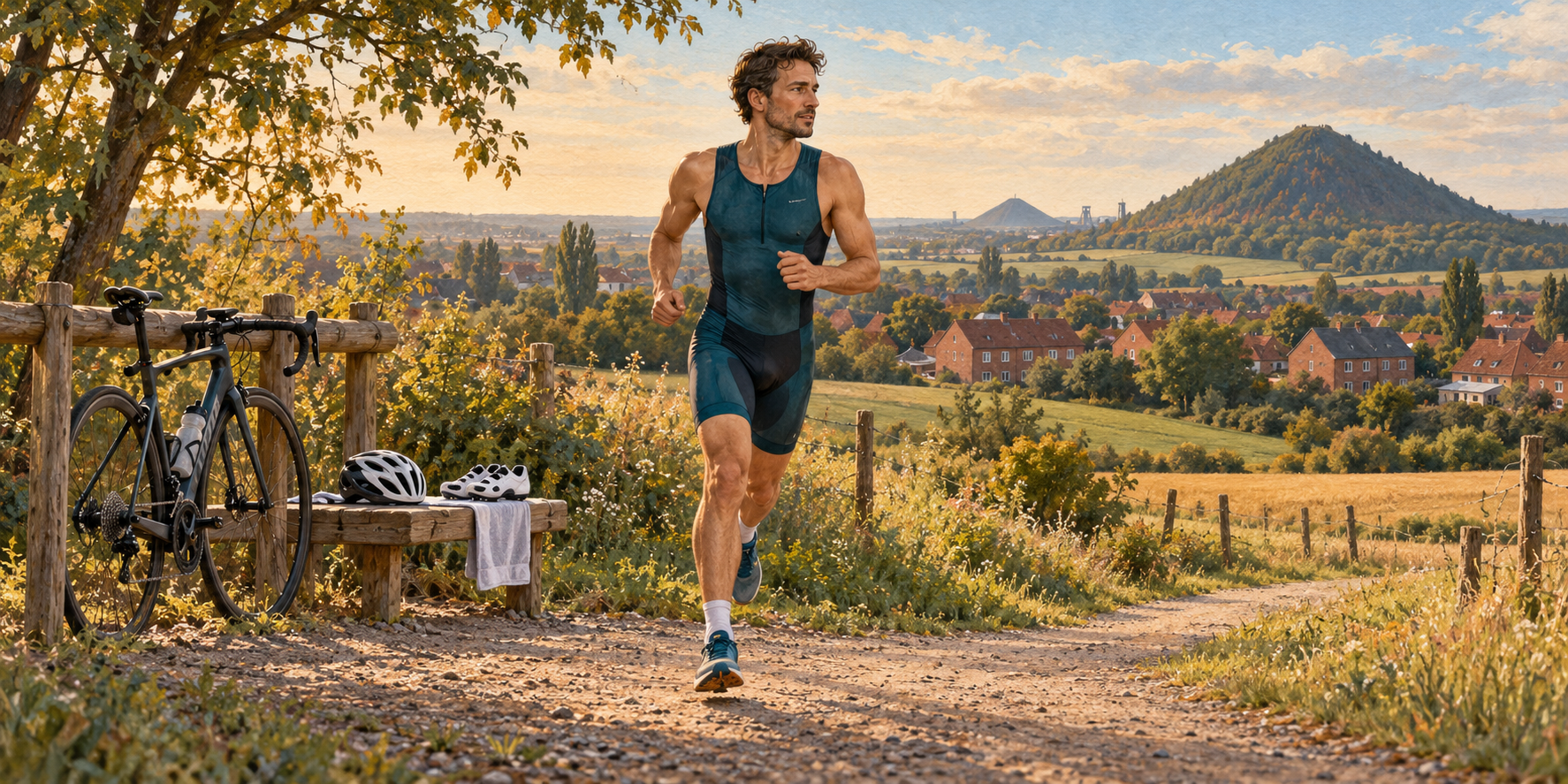 Triathlète commençant à courir après avoir posé son vélo, dans un paysage évoquant le Bassin minier et l’Artois.